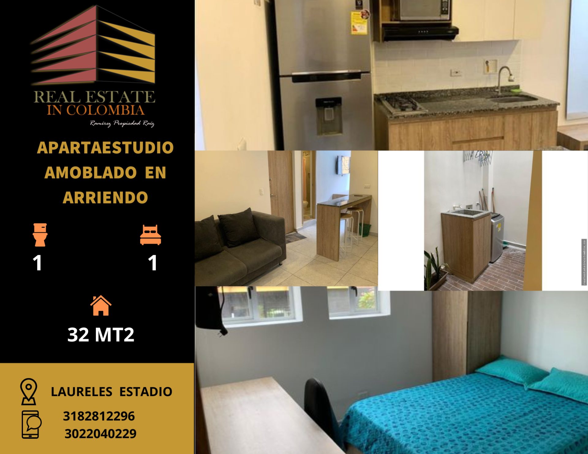 APARTAESTUDIO AMOBLADO EN ARRIENDO LAURELES-CERCA DE LA 70