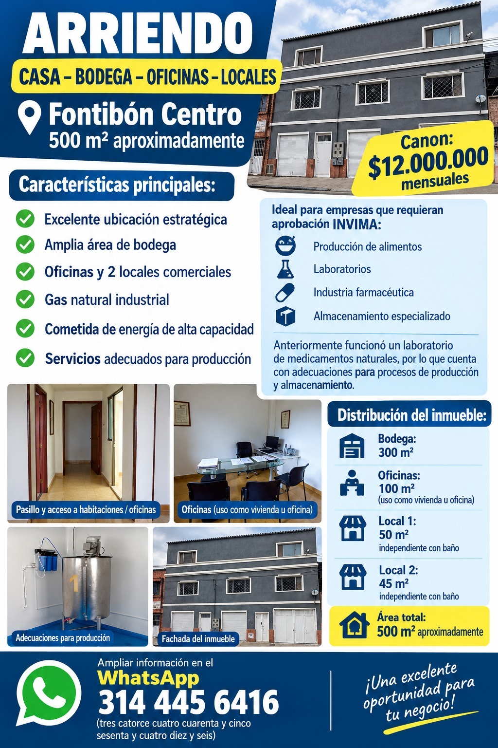 ARRIENDO BODEGA FONTIBON CENTRO APTA PARA PRODUCCION DE ALIMENTOS Y PRODUCTOS NATURALES